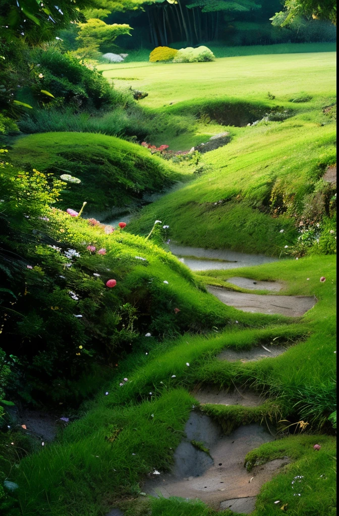 Drawn in a top-down view、生い茂る密林の地面とwood々Detailed background of。As the morning sun shines slightly on the ground、Mr.々な種類のwood々、leaf、And I see vines。The ground is covered with moss and small plants.、It is covered with fallen leaves、Place々に小さな岩や流woodが散らばっている。wood々Stands tall、Among them are scattered flowers and fruits of vivid colors.。Sharper contrast between light and shadow、Expressing the depth of the jungle and the richness of its ecosystem。