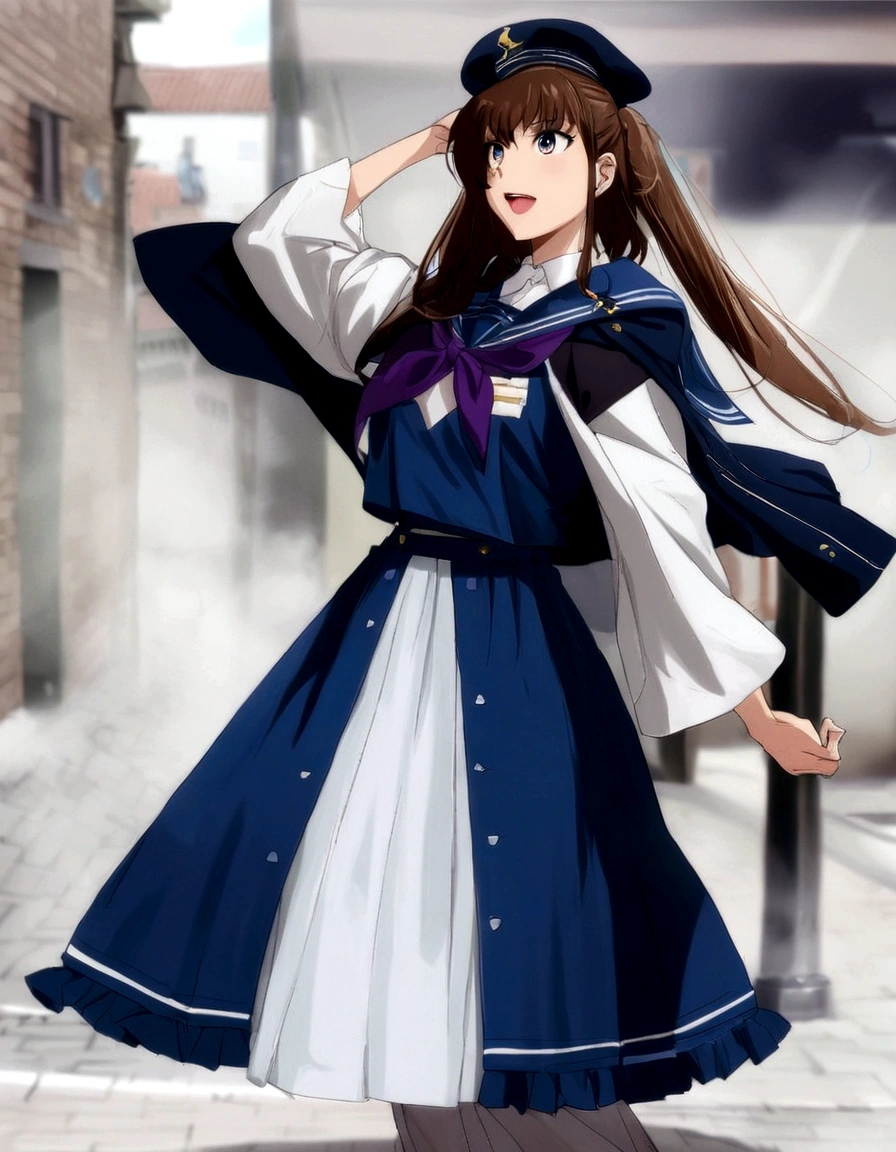 (Daisaku),(Need),(Super meticulous),(full bodyesbian:1.2), 1girl, a close up of a woman in a dress and hat on a street, loose coat collar sailor uniform, sailor uniform, magical school student uniform, magic , anime girl cosplay, costume with blue accents, japanese clothes, seifuku, anime cosplay, hanfu, fantasy style clothing, magic uniform university, female sailor uniforms, sailor clothing, japanese ,(Beautiful and delicate eyes),
