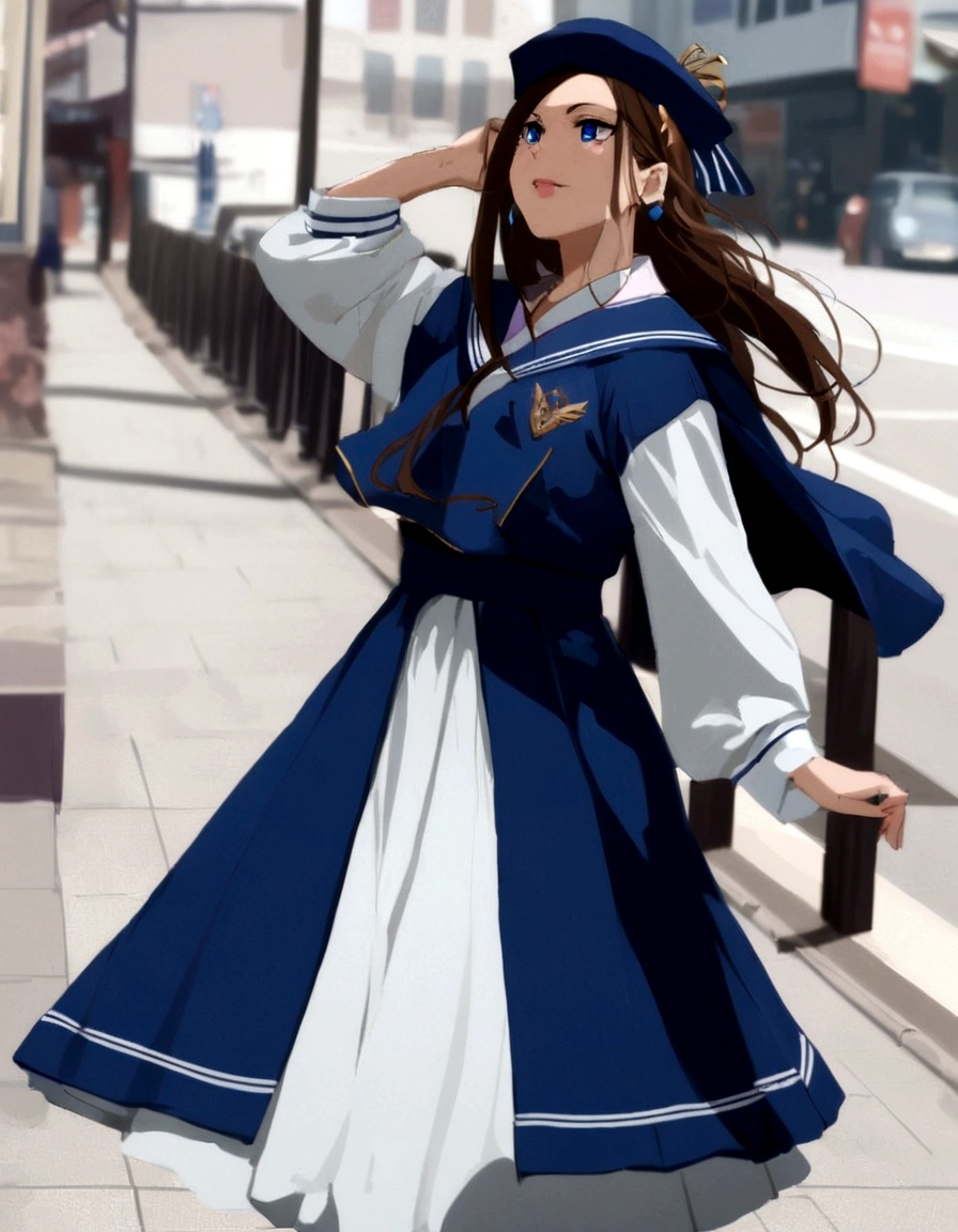(Daisaku),(Need),(Super meticulous),(full bodyesbian:1.2), 1girl, a close up of a woman in a dress and hat on a street, loose coat collar sailor uniform, sailor uniform, magical school student uniform, magic , anime girl cosplay, costume with blue accents, japanese clothes, seifuku, anime cosplay, hanfu, fantasy style clothing, magic uniform university, female sailor uniforms, sailor clothing, japanese ,(Beautiful and delicate eyes),

