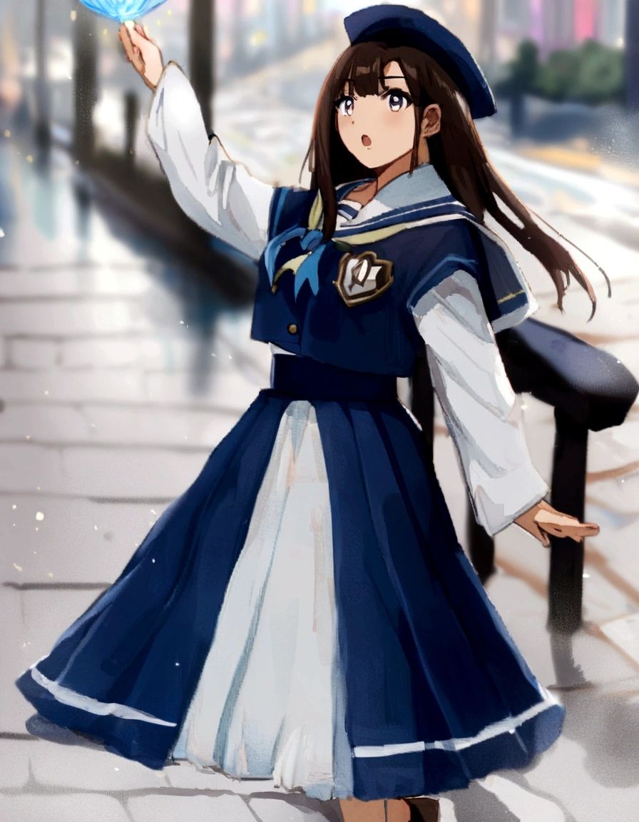 (Daisaku),(Need),(Super meticulous),(full bodyesbian:1.2), 1girl, a close up of a woman in a dress and hat on a street, loose coat collar sailor uniform, sailor uniform, magical school student uniform, magic , anime girl cosplay, costume with blue accents, japanese clothes, seifuku, anime cosplay, hanfu, fantasy style clothing, magic uniform university, female sailor uniforms, sailor clothing, japanese ,(Beautiful and delicate eyes),