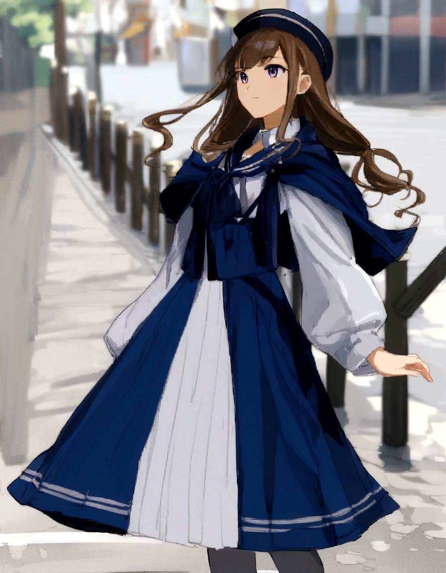 (Daisaku),(Need),(Super meticulous),(full bodyesbian:1.2), 1girl, a close up of a woman in a dress and hat on a street, loose coat collar sailor uniform, sailor uniform, magical school student uniform, magic , anime girl cosplay, costume with blue accents, japanese clothes, seifuku, anime cosplay, hanfu, fantasy style clothing, magic uniform university, female sailor uniforms, sailor clothing, japanese ,(Beautiful and delicate eyes),

