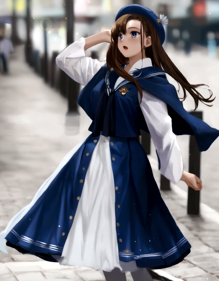 (Daisaku),(Need),(Super meticulous),(full bodyesbian:1.2), 1girl, a close up of a woman in a dress and hat on a street, loose coat collar sailor uniform, sailor uniform, magical school student uniform, magic , anime girl cosplay, costume with blue accents, japanese clothes, seifuku, anime cosplay, hanfu, fantasy style clothing, magic uniform university, female sailor uniforms, sailor clothing, japanese ,(Beautiful and delicate eyes),
