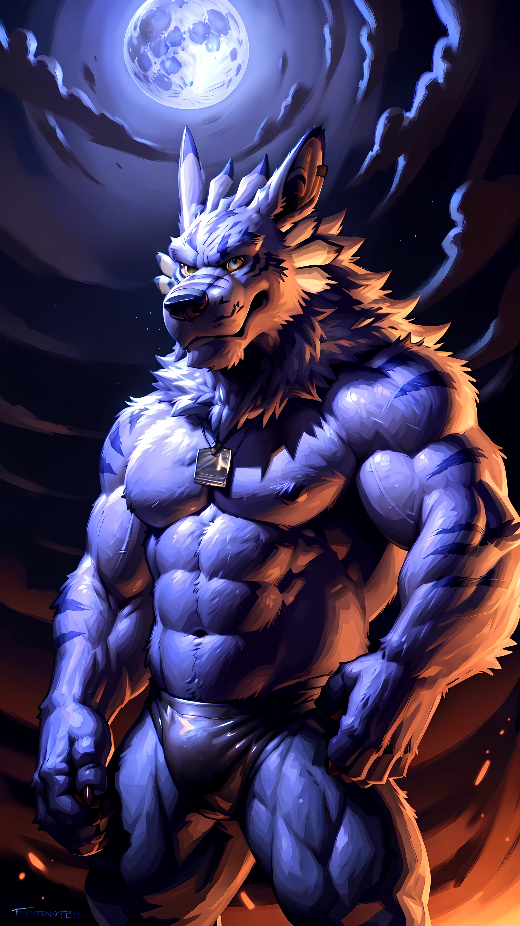weregarurumon, 4k, high resolution, best quality, detailed, posted on e621, solo, anthro body, older male, masculine, male, very masculine, (very muscular, strong pectorals, defined muscles):1.0, (night background, dark background, big moon, full moon, fog, clouds, backlight:1.1), correct anatomy, (yellow eyes, detailed eyes:1.1), detailed face, detailed head, sexy, (cel shaded, cartoony shading, strong shadows, dramatic lighting):1.3, confident, (by takemoto arashi, by meesh, by Taran Fiddler), strong, (half body, upper body:1.1), stern face, mwvector, speedos,