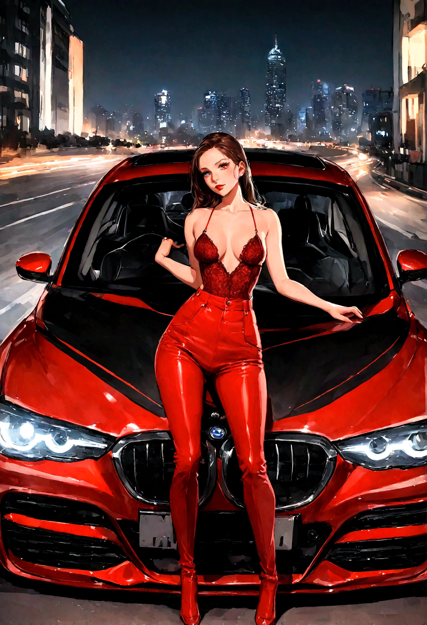 Create an image of a sexy woman in red lingerie posing on the hood of a red BMW. The setting should be stylish and modern, with the car parked in an upscale, urban environment, perhaps at night with city lights in the background. The woman should exude confidence and allure, with her pose accentuating the sleek lines of both her lingerie and the car. The overall image should be bold and captivating, highlighting the contrast between the sensuality of the woman and the elegance of the car