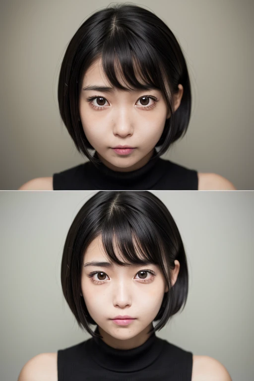 (High resolution:1.3), (16k, Photorealistic, Raw photo, Best image quality: 1.4), Japanese, (One Girl), Beautiful Face, (A vivid face), (Black-haired、short hair:1.3), (Black Eyes 1.3), Beautiful Hairstyles, Realistic eyes, Beautifully detailed eyes, (Realistic Skin), Beautiful skins, attractive, 超A high resolution, Surreal, High detail, Golden Ratio, Highly detailed cute girl,(20-year-old),No sleeve,  (Surprised face:1.6)