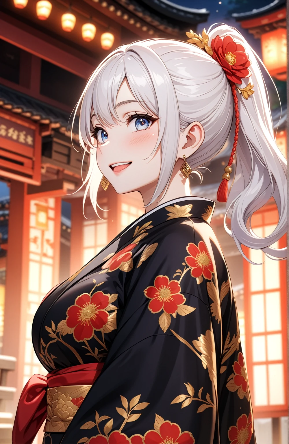 ((one personの女性)), Beautiful Face,Laughing embarrassedly,Laughing with your mouth open,Bright red cheeks,Glossy pink lips,night,Shrine festival s高いs,((Anime style background)),masterpiece, highest quality, so beautiful, Latest, Complex details, (Pink long nails),AI-generated, Complex,High resolution, highest quality, super high quality,3D Images、View your viewers、3D Images,one person,Long white hair,High Ponytail,blue eyes,Anime woman posing for a photo, ((Fine grain、Colorful eyes、Shining Eyes:1.0)),(Squint your eyes:1.1),a hyperRealistic , hyperRealistic , Realistic,Anime woman with long and white hair, Smooth anime CG art, A woman in a colorful kimono with gold embroidery, (Black kimono),Red floral pattern,Long flower hair ornament,Big earrings,,Mature Body,(Big Breasts:1.0)Tall,Big Ass,Fine details,Narrow waist,(Face close-up:1.5),Diagonal Background,(Shooting from an angle)