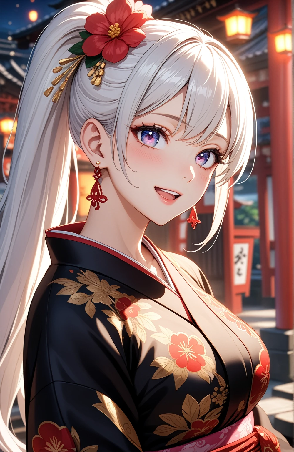((one personの女性)), Beautiful Face,Laughing embarrassedly,Laughing with your mouth open,Bright red cheeks,Glossy pink lips,night,Shrine festival s高いs,((Anime style background)),masterpiece, highest quality, so beautiful, Latest, Complex details, (Pink long nails),AI-generated, Complex,High resolution, highest quality, super high quality,3D Images、View your viewers、3D Images,one person,Long white hair,High Ponytail,blue eyes,Anime woman posing for a photo, ((Fine grain、Colorful eyes、Shining Eyes:1.0)),(Squint your eyes:1.1),a hyperRealistic , hyperRealistic , Realistic,Anime woman with long and white hair, Smooth anime CG art, A woman in a colorful kimono with gold embroidery, (Black kimono),Red floral pattern,Long flower hair ornament,Big earrings,,Mature Body,(Big Breasts:1.0)Tall,Big Ass,Fine details,Narrow waist,(Face close-up:1.5),Diagonal Background,(Shooting from an angle)
