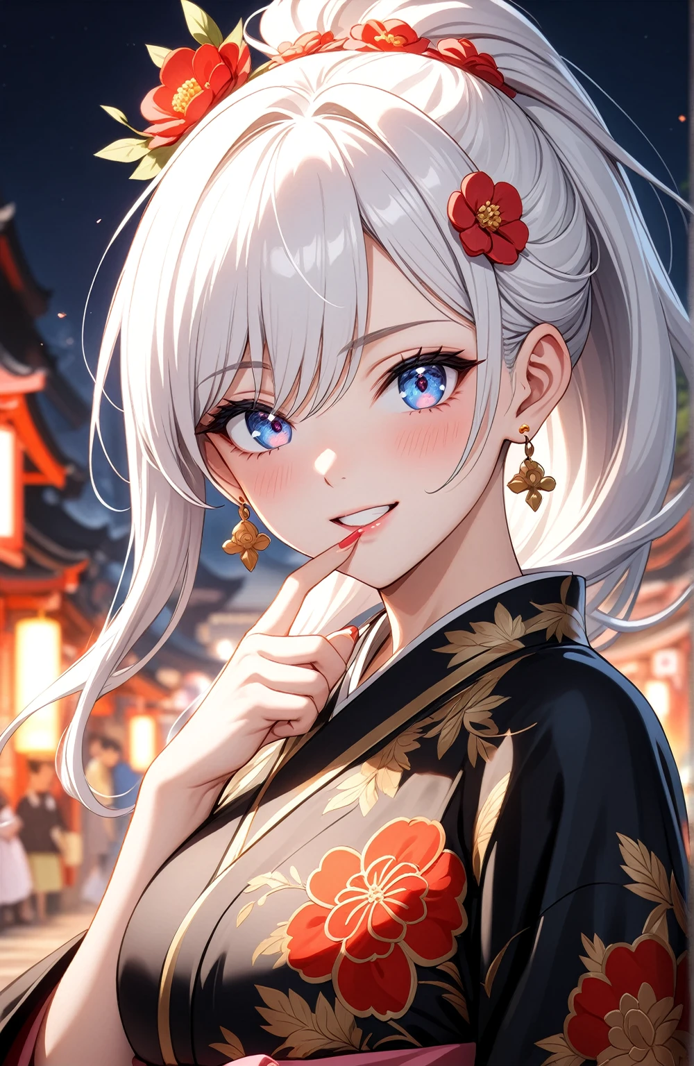 ((one personの女性)), Beautiful Face,Laughing embarrassedly,Laughing with your mouth open,Bright red cheeks,Glossy pink lips,night,Shrine festival s高いs,((Anime style background)),masterpiece, highest quality, so beautiful, Latest, Complex details, (Pink long nails),AI-generated, Complex,High resolution, highest quality, super high quality,3D Images、View your viewers、3D Images,one person,Long white hair,High Ponytail,blue eyes,Anime woman posing for a photo, ((Fine grain、Colorful eyes、Shining Eyes:1.0)),(Squint your eyes:1.1),a hyperRealistic , hyperRealistic , Realistic,Anime woman with long and white hair, Smooth anime CG art, A woman in a colorful kimono with gold embroidery, (Black kimono),Red floral pattern,Long flower hair ornament,Big earrings,, Body,(Big Brall,Big Ass,Fine details,row waist,(Face close-up:1.5),Diagonal Background,(Shooting from an angle)