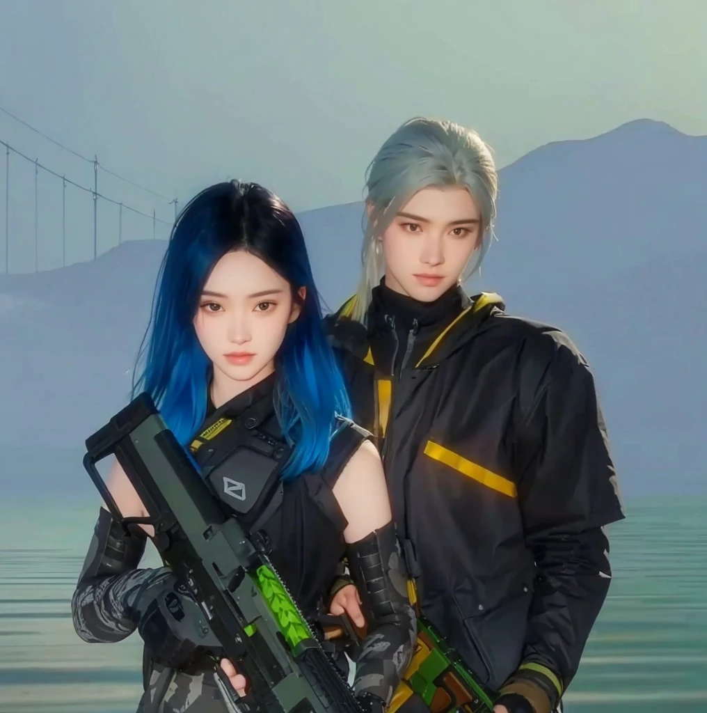 there are two people standing next to each other with guns, realistic 