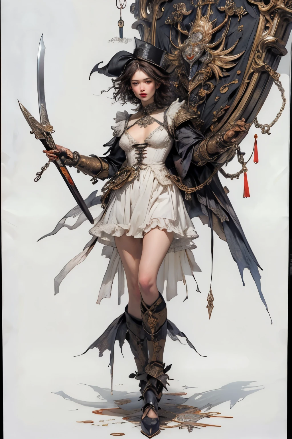 ((best quality)), ((masterpiece)), (detailed), perfect face ((best quality)), ((masterpiece)), (detailed), blank white background, plain background, white background, Bloodborne inspired, occult aesthetic, occult, detailed and intricate steampunk and detailed gothic, (zentangle, mandala, tangle, entangle), NSFW, a beautiful goddess adorned and enshrined in armour, Bloodborne inspired , occult aesthetic , occult , detailed and intricate steampunk and detailed gothic , wielding a sword and holding a shield, Fluttering lace flared short dress with frilly petticoats, NSFW, beautiful small breasts, small breasts, full body, whole body, body,