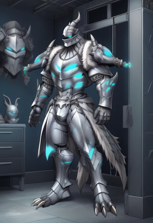 Platinum_Dragon_Lord_Armor, solo, anthro, mammal, nude, male, simple background, glowing eyes, dragon, grey body, blue eyes, fur, glowing, hi res, detailed background, muscle, abs, helmet only, toe claws, full body, underwear, bulge, (pauldron), 1 tail, inside, room