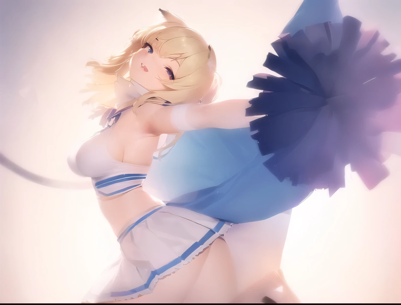 there is a blonde girl in a cheerleader outfit holding a pom pom, have blue eyes, pixiv 3dcg, anime pose, anime catgirl, a-pose, anime styled 3d, anime. soft lighting, soft anime illustration, cute anime catgirl, cheering, render of a cute 3d anime girl, holo is a wolf girl, beautiful anime catgirl, twirling