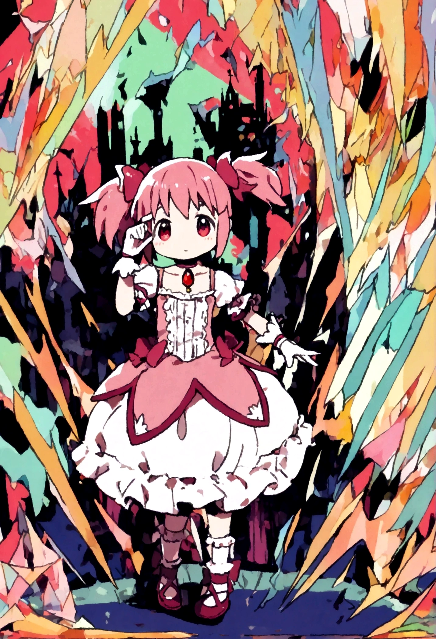 kaname_madoka\(Puella Magi Madoka Magica,magical girl style,pink twin tails hair,pink bows,open shoulder dress with frill,backward ribbon at neck,white grove,red juwel at middle of clavicle\) is standing with confused face in the center lost her way, showing full body to viewer, BREAK ,geometric and chaotic background with messy chaotic gothic shadow puppet castles,(in a very psychedelic nightmare), BREAK ,quality\(8k,wallpaper of extremely detailed CG unit, ​masterpiece,hight resolution,top-quality,top-quality real texture skin,hyper realisitic,increase the resolution,RAW photos,best qualtiy,highly detailed,the wallpaper,cinematic lighting,ray trace,golden ratio\),(long shot),wide shot,landscape,blured background,(art by Maurits Escher:1.3)