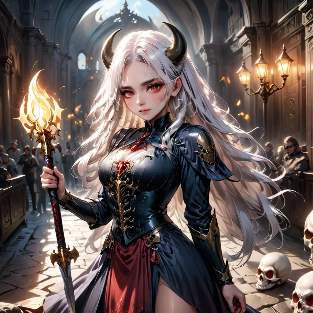 (((Full body, general photography: 1.5))), A majestic, imposing, magical female warrior war pose. In her left hand, she held a silver tomahawk as tall as herself, with ornate decorations; she was a devil with white hair, goat horns, a detailed face, beautiful eyes, and intricate plate armour. She had a mature body. The right hand has a glowing magical energy ball. The background has cinematic lighting and dramatic colours; background is lots of skulls, epic scale (best quality, 8k, hyper-detailed, photorealistic:1.4), Expresiones facials detalladas, intricate facial anatomy, intense lighting, dramatic lighting, lighting change, cinematic lighting, chiaroscuro lighting, dramatic shadows, Dramatic moments, vivid colours, Contraste profundo, cinematic depth of field, cinematographic composition, cinematic camera angle waiting to start.