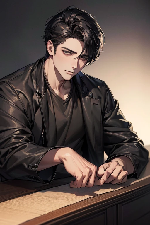 (best quality digital art digital illustration 4k high resolution beautiful image hyper-detailed image perfect lines soft lighting night environment smooth zoom perfect face) (1:1 photorealistic) (neutral colors hdr 1.4) an adult 25 year old man (thoughtful expression) very beautiful eyes deep black medium black hair modern clothes black (dark background)