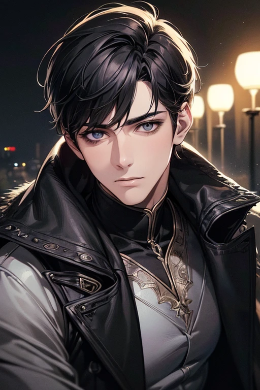 (best quality digital art digital illustration 4k high resolution beautiful image hyper-detailed image perfect lines soft lighting night environment smooth zoom perfect face) (1:1 photorealistic) (neutral colors hdr 1.4) an adult 25 year old man (thoughtful expression) very beautiful eyes deep black medium black hair modern clothes black (dark background)