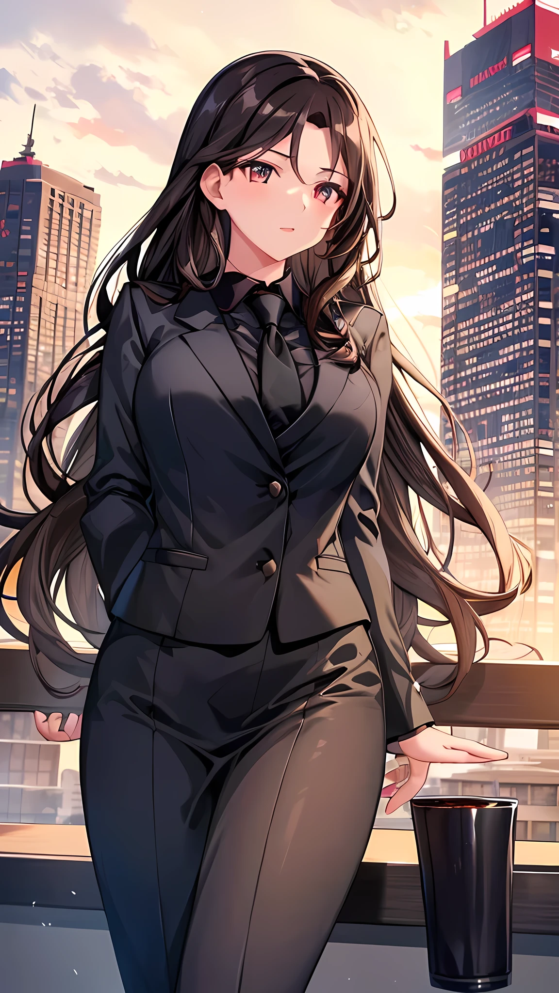 a beautiful ambitious girl, 20 years old, with long wavy dark hair, a boss in her office, wearing a sleek black suit, elegant and confident, against an office skyline view, highly realistic, masterpiece, 8k, UHD, HDR