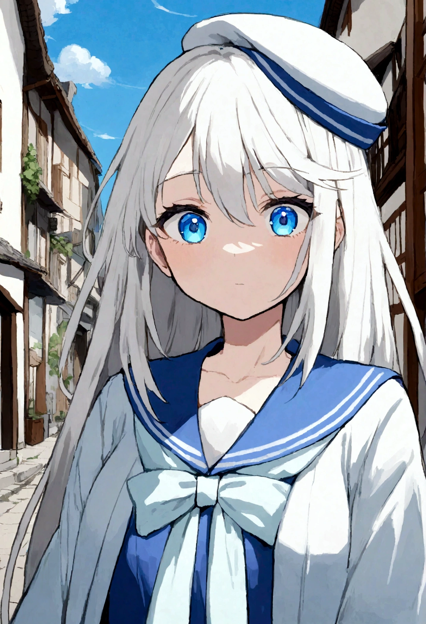 (Daisaku),(Need),(Super meticulous),(full bodyesbian:1.2), 1girl, a close up of a woman in a dress and hat on a street, loose coat collar sailor uniform, sailor uniform, magical school student uniform, magic , anime girl cosplay, costume with blue accents, japanese clothes, seifuku, anime cosplay, hanfu, fantasy style clothing, magic uniform university, female sailor uniforms, sailor clothing, japanese ,(Beautiful and delicate eyes),