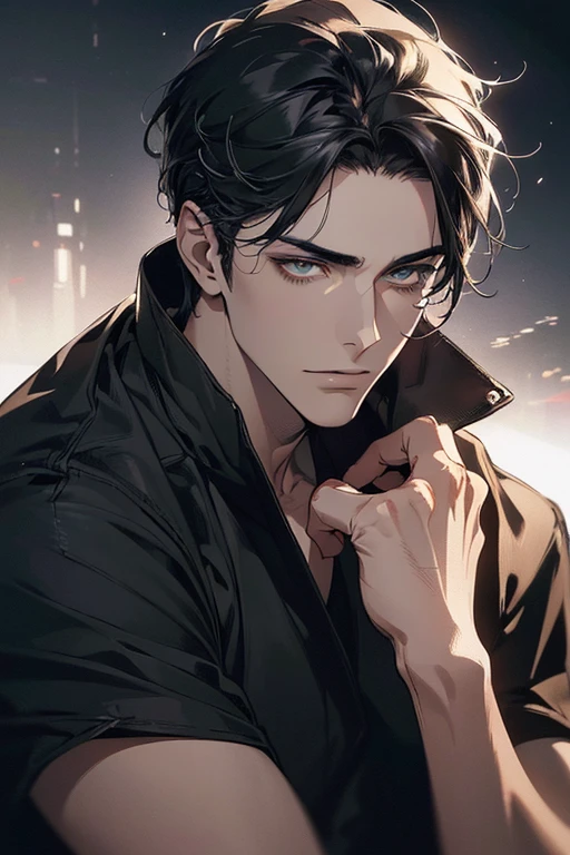 (best quality digital art digital illustration 4k high resolution beautiful image hyper-detailed image perfect lines soft lighting night environment smooth zoom perfect face) (1:1 photorealistic) (neutral colors hdr 1.4) an adult 25 year old man (thoughtful expression) very beautiful eyes deep black medium black hair modern clothes black (dark background)