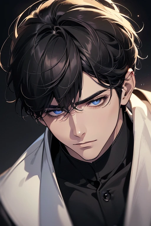 (best quality digital art digital illustration 4k high resolution beautiful image hyper-detailed image perfect lines soft lighting night environment smooth zoom perfect face) (1:1 photorealistic) (neutral colors hdr 1.4) an adult 25 year old man (thoughtful expression) very beautiful eyes deep black medium black hair modern clothes black (dark background)
