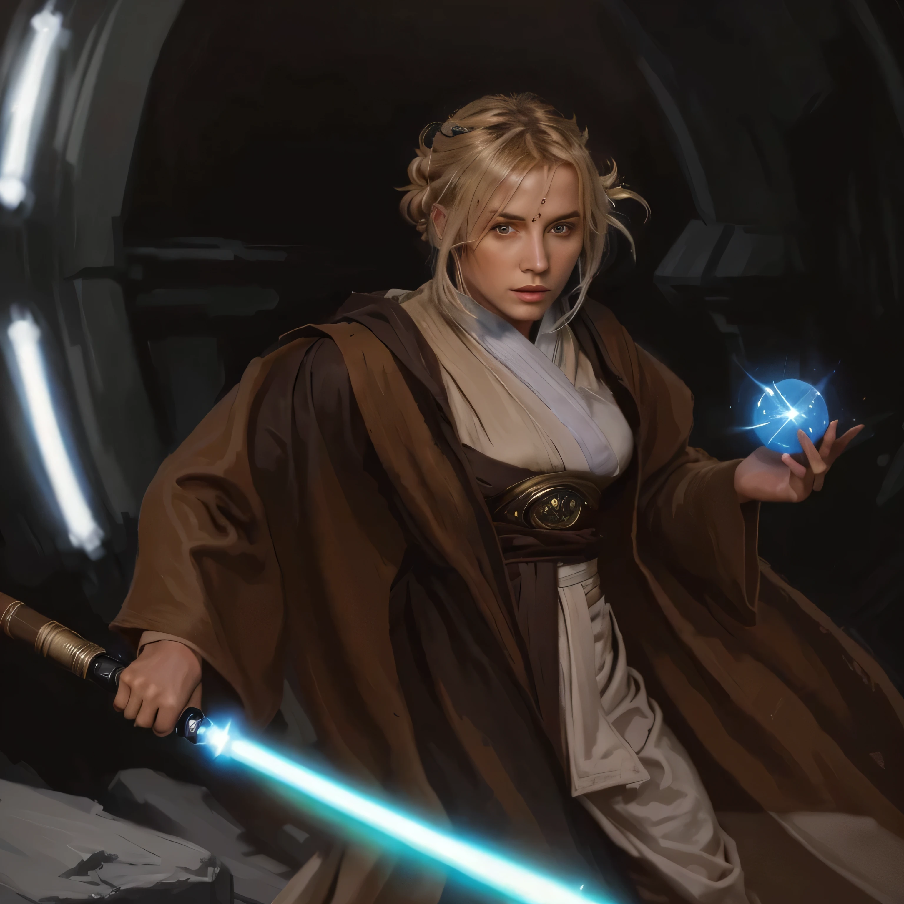 a painting of a woman holding a light saber and a blue ball, blonde female jedi, female jedi, wearing brown jedi robes, wearing jedi robes, female occultist, jedi master, portrait of a female mage, wearing jedi robes and a sari, jedi robes, jedi, jedi with light saber, brown jedi robe, old jedi master, jedi knight