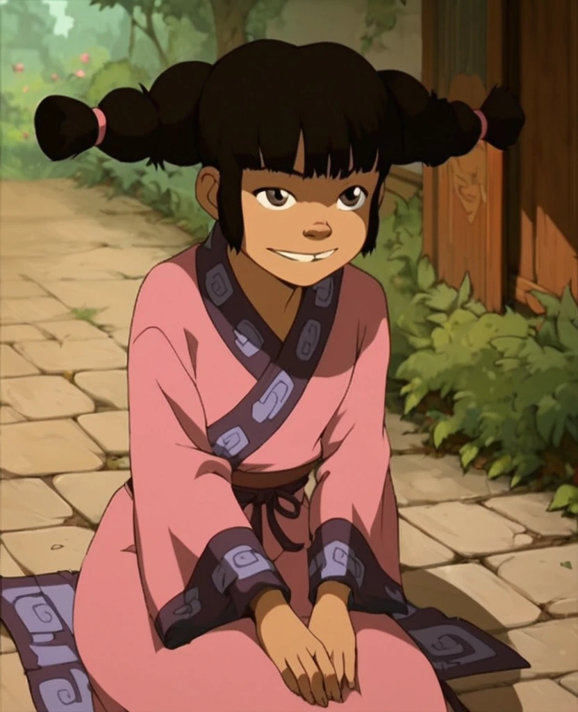 score_9, score_8_up, score_7_up, meng,, outdoors, sunlight, confident smirk, sitting cross legged,