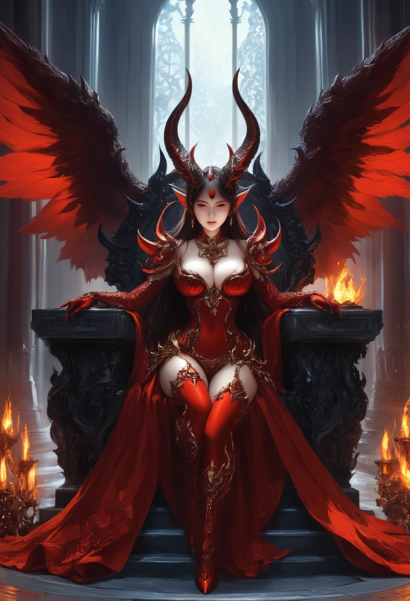 (High quality, 8ก, 4k, Highly detailed, high contrast, Masterpiece:1.2,High quality, The best aesthetics), ((1 female)), devilแสนสวย, light shining above , Red skin, big breasts, , devil horns, see the whole body ;wing, wingที่ตั้งต่ำ, sitting on a golden throne, , devil, Impressive fantasy artwork, Very detailed illustrations.