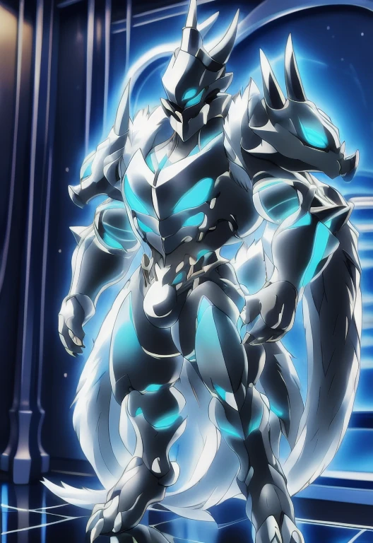 Platinum_Dragon_Lord_Armor, solo, anthro, mammal, nude, male, simple background, glowing eyes, dragon, grey body, blue eyes, fur, glowing, hi res, detailed background, muscle, abs, helmet only, toe claws, full body, underwear, bulge, (pauldron), 1 tail, inside, room