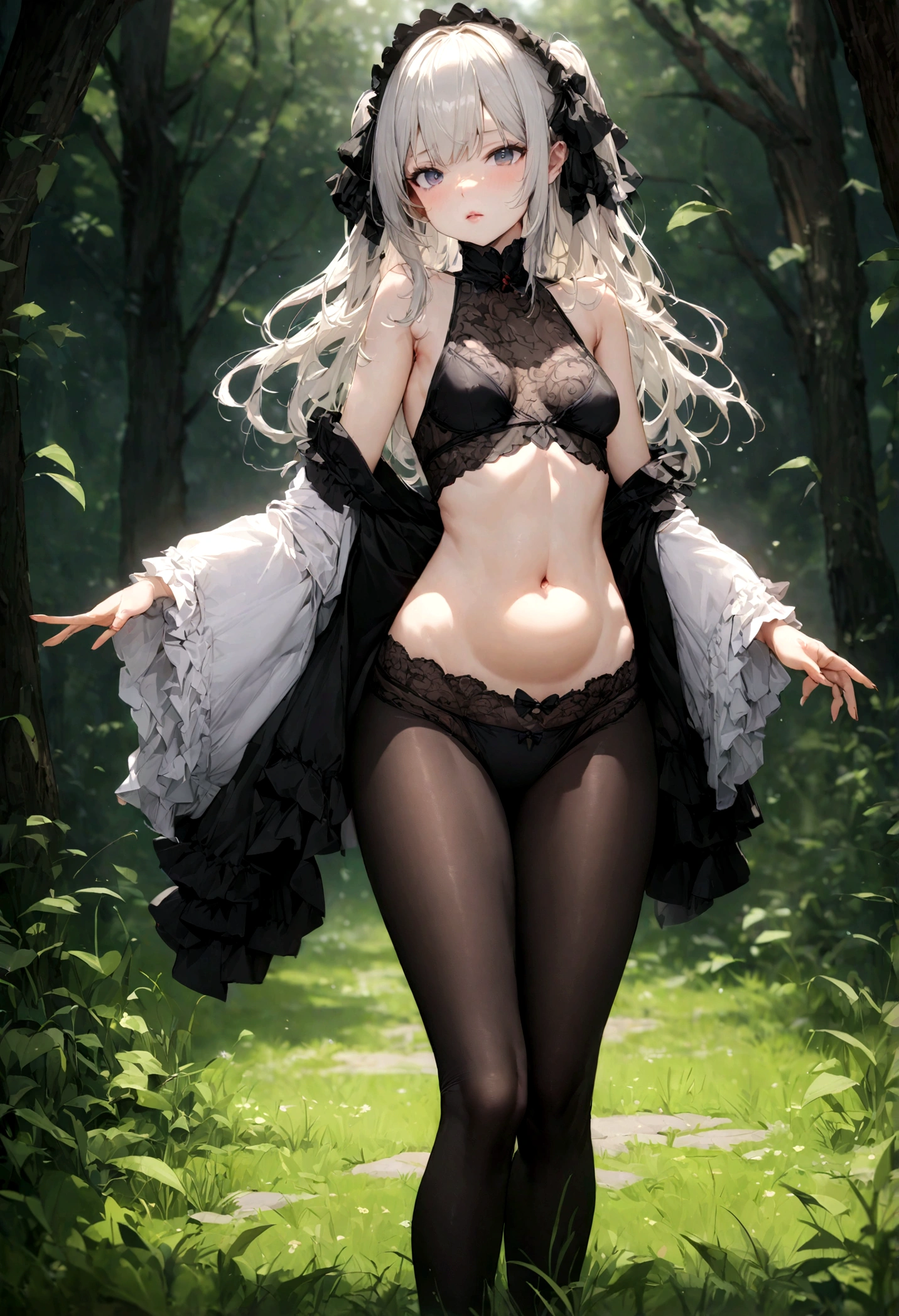 whole body、Belly button、Beautiful legs:1.2, highest quality, Super detailed, In detail, High resolution, Perfect dynamic composition, Natural Lip,Slight Body:1.5 、Show Panties 、Small Breasts 、sexy、Small Breasts、8K photos of Japanese gravure models 、CCup Breast、Little devil beauty、ta、Black Pantyhose、grass