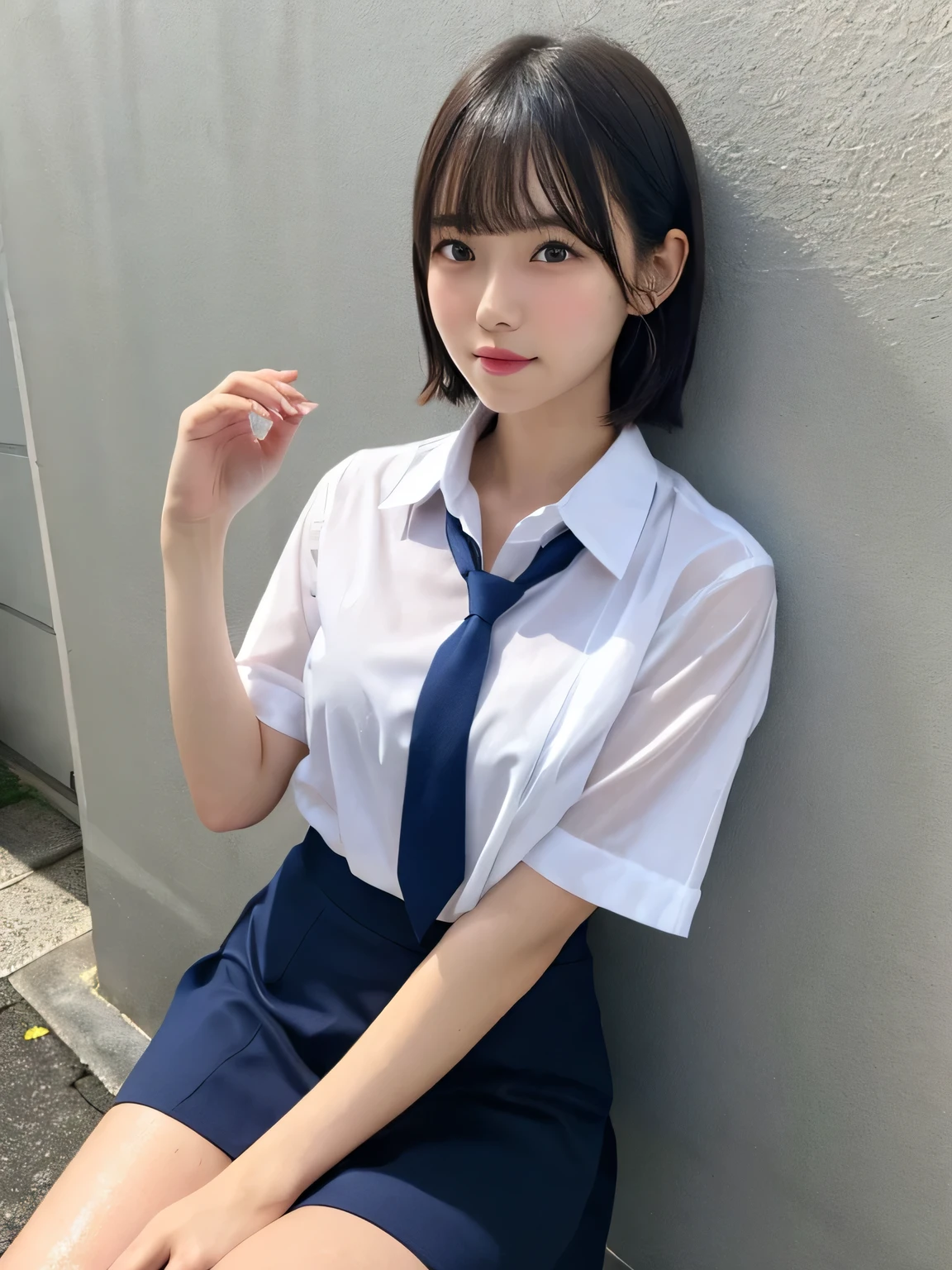 Japanese Girls、14-year-old girl、Short Hair、Blonde、bangs、Brown eyes、Perfect figure、Transparency、Gloss、Gloss、Modest chest、、Navy blue tie、White shirt、Navy Blue Skirt、Hirotake、Burning Body、Gravure idol pose、Light blue wall、Beautiful legs、Strong sunlight、dirty、Wet body in the rain、Wet