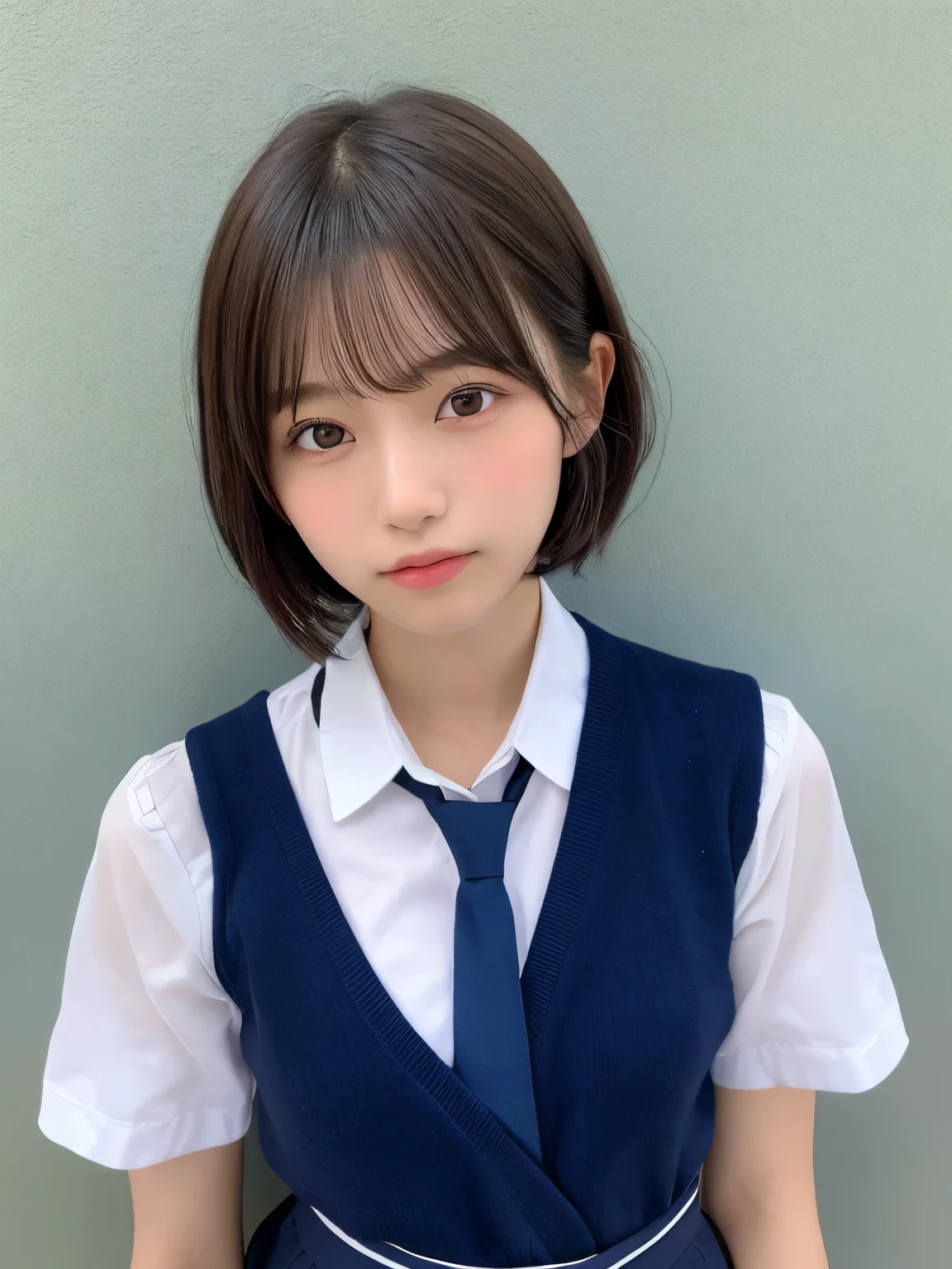 Japanese Girls、14-year-old girl、Short Hair、Blonde、bangs、Brown eyes、Perfect figure、Transparency、Gloss、Gloss、Modest chest、、Navy blue tie、White shirt、Navy Blue Skirt、Hirotake、Burning Body、Gravure idol pose、Light blue wall、Beautiful legs、Strong sunlight、dirty、Wet body in the rain、Wet