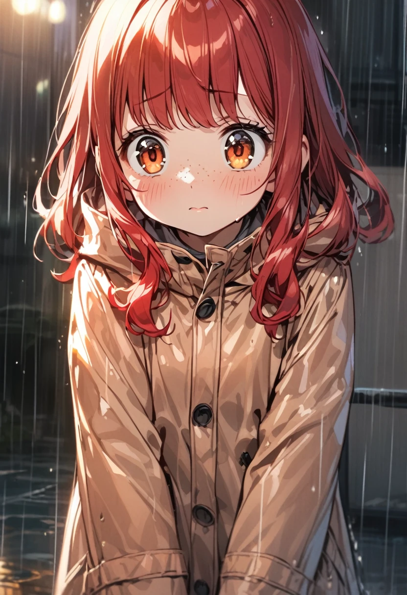 young girl(Red hair, freckles, big eyes,), rain, waterproof coat, shy