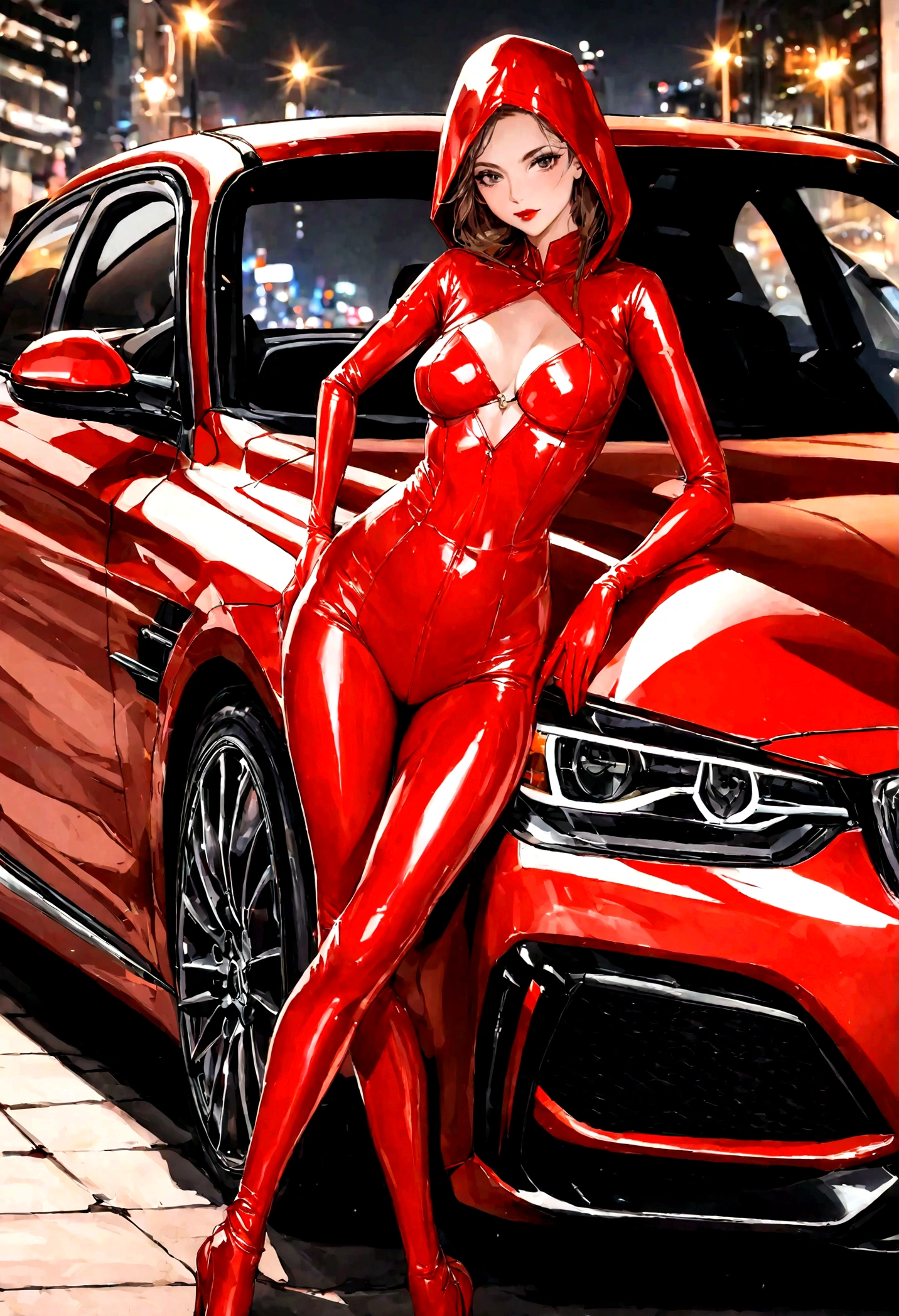 Create an image of a sexy woman in a tight red latex suit posing on the hood of a red BMW. The setting should be stylish and modern, with the car parked in an upscale, urban environment, perhaps at night with city lights in the background. The woman should exude confidence and allure, with her pose accentuating the sleek lines of both her latex suit and the car. The overall image should be bold and captivating, highlighting the contrast between the sensuality of the woman and the elegance of the car