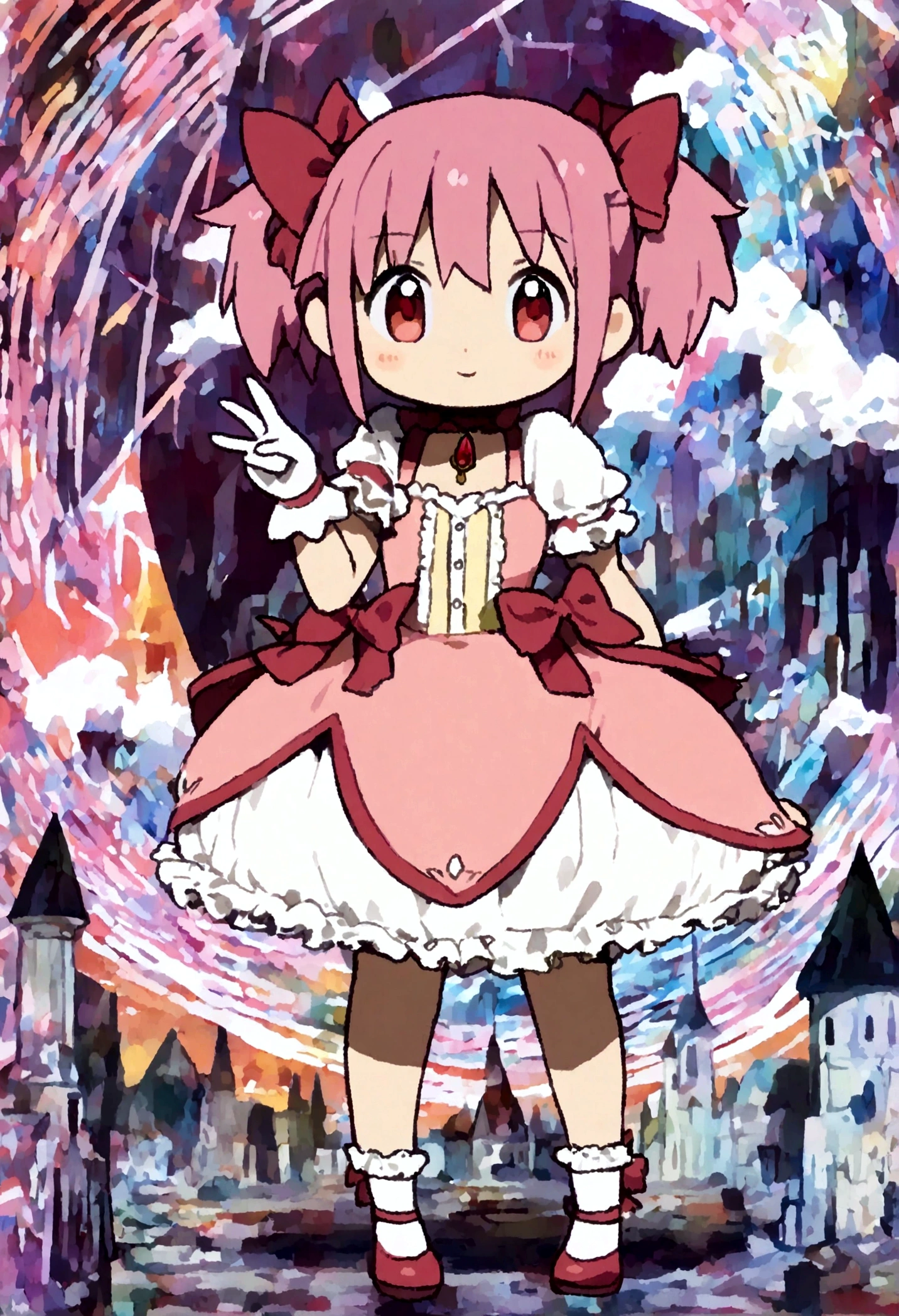 kaname_madoka\(Puella Magi Madoka Magica,magical girl style,pink twin tails hair,pink bows,open shoulder dress with frill,backward ribbon at neck,white grove,red juwel at middle of clavicle\) is standing with confused face in the center lost her way, showing full body to viewer, BREAK ,geometric and chaotic background with messy chaotic gothic shadow puppet castles,(in a very psychedelic nightmare), BREAK ,quality\(8k,wallpaper of extremely detailed CG unit, ​masterpiece,hight resolution,top-quality,top-quality real texture skin,hyper realisitic,increase the resolution,RAW photos,best qualtiy,highly detailed,the wallpaper,cinematic lighting,ray trace,golden ratio\),(long shot),wide shot,landscape,blured background,(art by Maurits Escher:1.3)