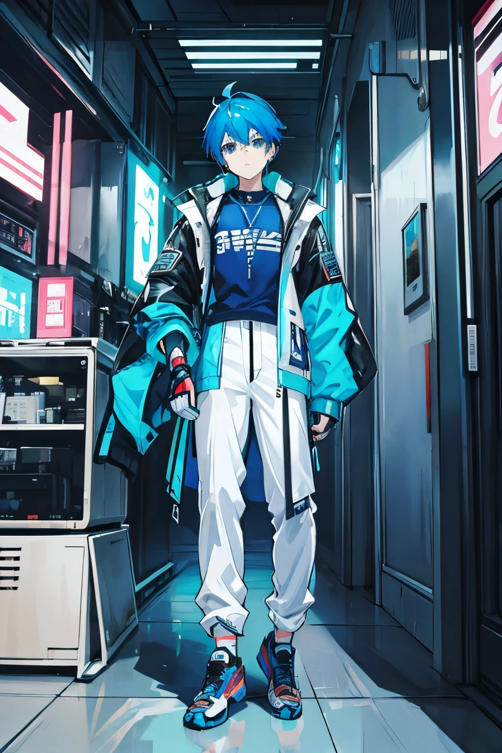Blue haired cyberpunk style boy、Trouser style、