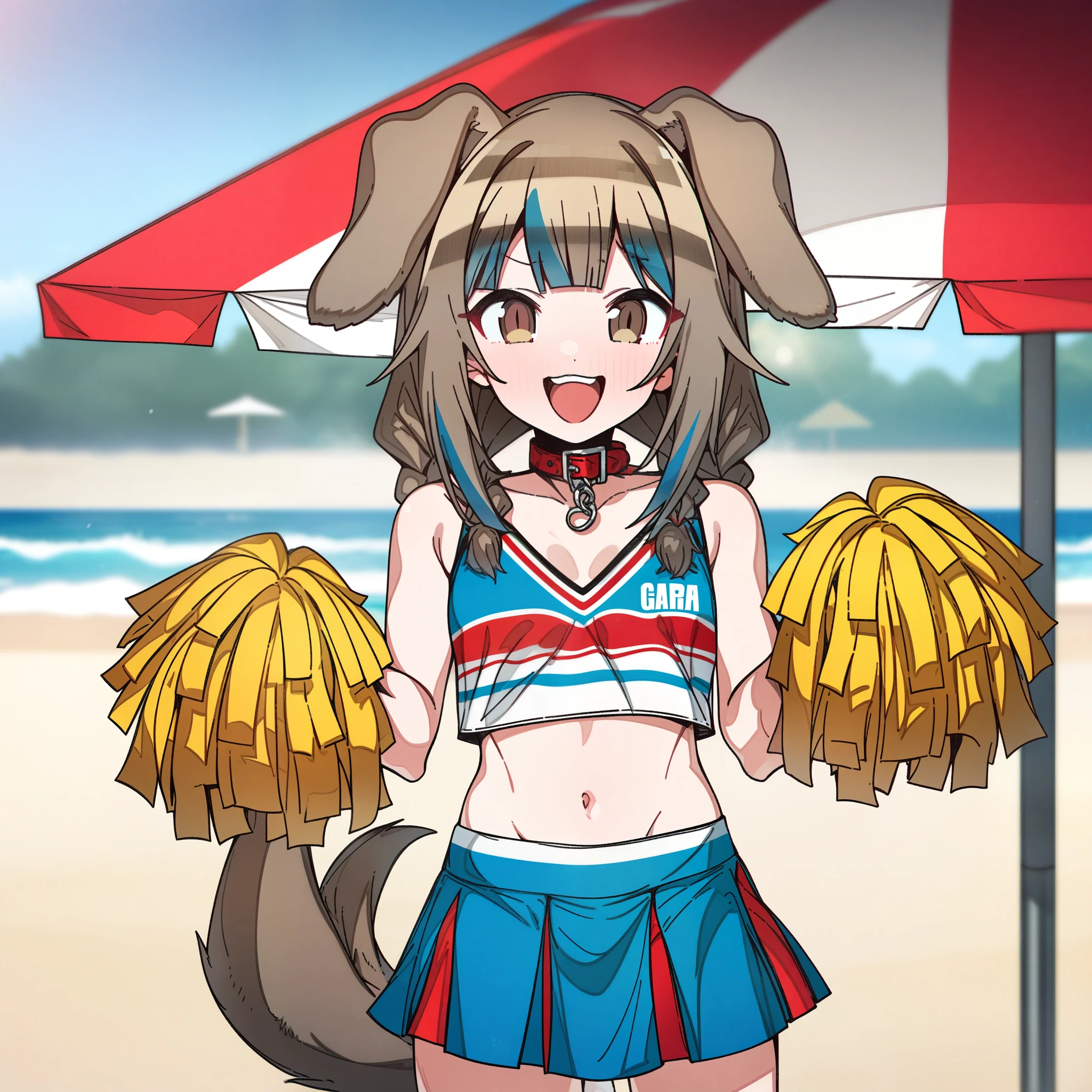 gawr_gura with brown hair and brown eyes, Artist, erere, Copyrights, idolmaster, idolmaster_shiny_colors, Character, General, 1girl, brown_hair, blunt_bangs, blush, medium_breasts, breasts, smile, brown_eyes, censored, cheerleader, crop_top, pom_pom_(cheerleading):0.7, skirt, navel, dog_tail, animal_collar, twin_braids, dog_ears, bone_hair_ornament, raised_eyebrows, :d:0.5, teeth, raised_eyebrows, (full_body) (standing in middle, beach_umbrella), sky:0.7, detailed, sand, outdoors, from_side, looking_at_viewer, masterpiece, best_quality, great_quality, girl, solo, center_composition, centered character, cute