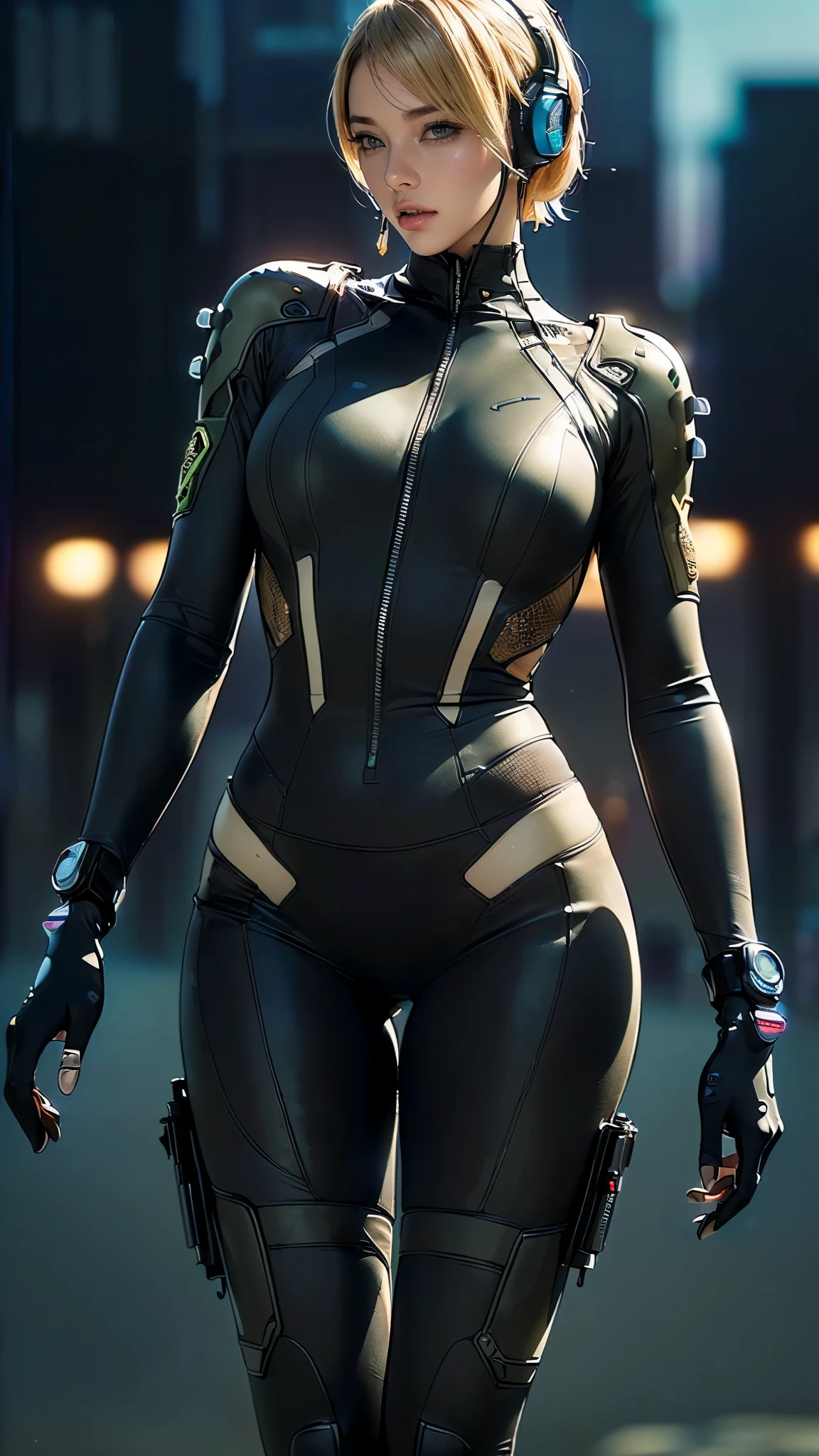 (One Woman),(((A female special forces member is standing))),((Camouflage tactical bodysuit:1.5)),(((Black tactical scope:1.5))),((headset:1.5)),((Tactical Holster:1.5)),(Gloves:1.5),(Serious:1.5),(extra short hair:1.5),(Blonde:1.5),(Beautiful Eyes:1.3),(Very detailedな顔:1.5),((Very detailedな女性の手の描画:1.5)),((Muscular:1.5)),(Sexy Looks:1.5),((Thick thighs:1.5)),(Beautiful body:1.5),((Very sensual:1.5)),(The background is a futuristic city:1.5),(Cyberpunk atmosphere:1.5),(((Blur the background:1.5))),(Written boundary depth:1.5),BREAK(((masterpiece:1.5),(highest quality:1.5),(Very detailed:1.5),(High resolution:1.5),(Realistic:1.5),(Realistic:1.5),(Delicate depiction),(Careful depiction))),8k,wallpaper