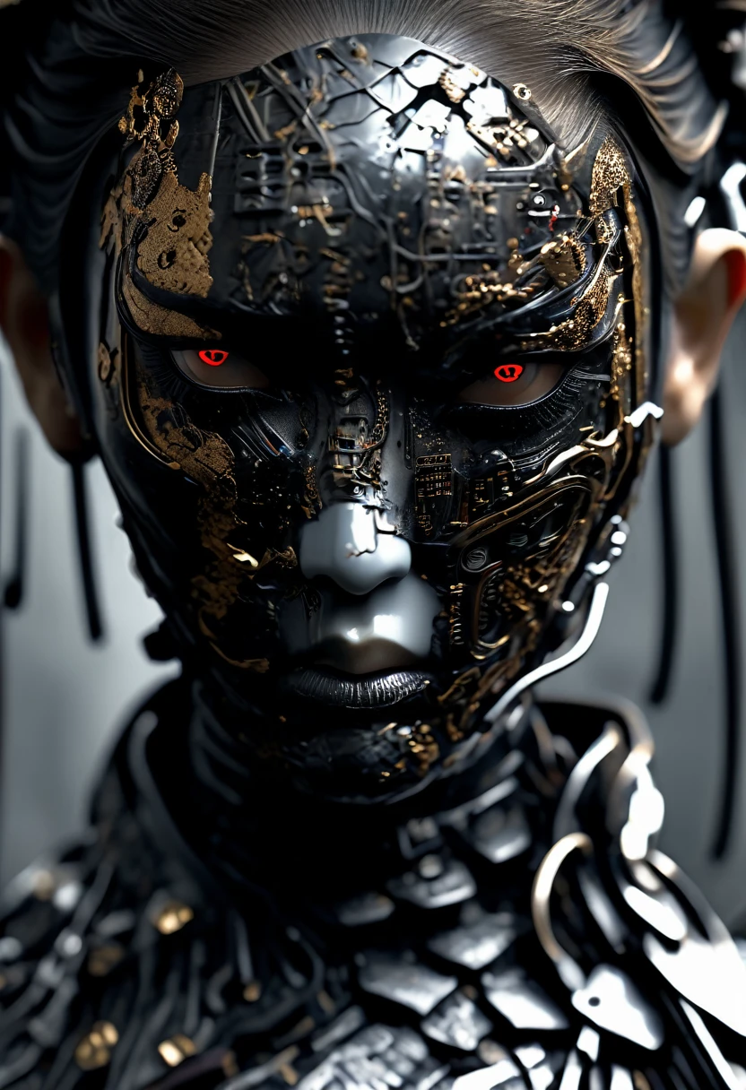 (cyborg geisha cybernetic organism 32k--9:16 --ar) carbon fiber mask, hires professional photography of the highest quality, beautiful face shape, perfect anatomy, expressive gaze, dark sci-fi swamp of rotten flowers, misty fog, tattooed cyborgs- geishas, ​​blood, withered flowers, brown, black  gold filigree, minimalism. (cyborg geisha cybernetic organism full-length, wide angle, centered, no cropping) - AR 9:16 --ar 9:16 --style raw --stylize 1000.Christophe M.
