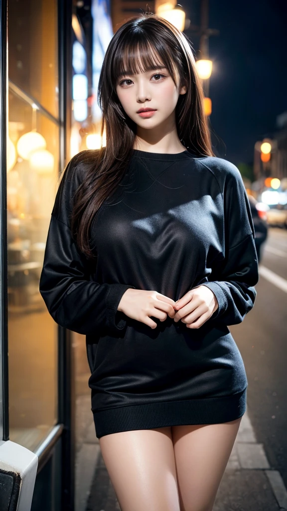 masterpiece, best quality, illustration, Super detailed, fine details, High resolution, 8K,wall paper, perfect dynamic composition,(Details High quality, realistic depiction of eyes:1.3), (Fashionable, Oversize Pullover Dress), large breasts, black hair color, bold sexy pose, Big Natural Color Lip, bitch, Harajuku style、20 year old girl、cute type、ta、beautiful legs, night club, at midnight, Gravure Idol
