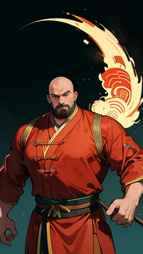 2D animation based on a Chinese novel. Chinese warrior is a picture of a big man with big muscles, Bald head and a little moustache. He is wearing a brown traditional Chinese costume like an ordinary villager.' clothing, But he's a thief.