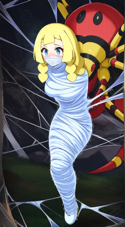 masterpiece, best quality, 1 girl, solo, Lillie(Pokemon ), long hair, blonde hair, messy hair, twin braids, breasts out, (arms behind back:1.4), hanging,spiders in the web,long spider, desperate,struggle, entangled, embarassed face, despair,cocoon, outdoor, blushing face, silk gagged,(spider touching her)