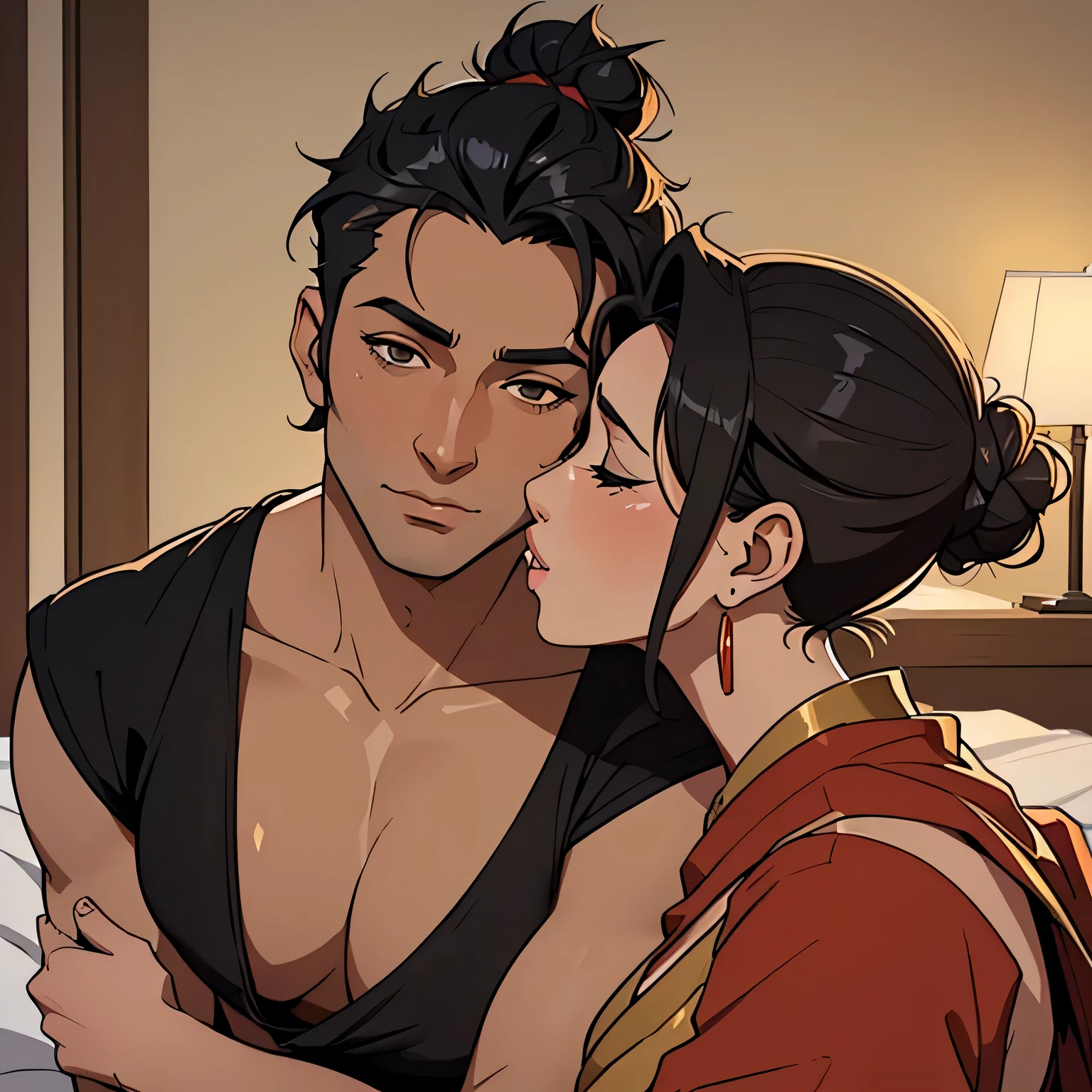 Amazing portrait of a  woman who is a MILF and a neighbour with her black hair in a bun wearing a saree kissing and making out passionately with her male neighbour on her bed in an intimate setting