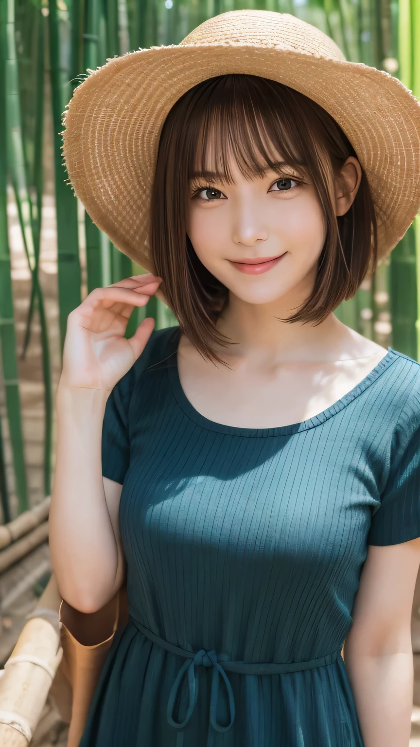 closeup shot , Best picture quality (8K, high resolution, Masterpiece: 1.2), super detailed,  215 Short Hair, 16-year-old woman, 

situation: A stroll through the bamboo forest in Arashiyama, Kyoto。
clothing: Natural color maxi dress and straw hat、Sandals for your feet。
angle: A shot of a person walking through a bamboo forest, followed from behind。To emphasize the height of the bamboo forest、The angle looking up from a slightly lower angle is also nice.。The whole picture of people walking down the street、Close-up of a hand touching bamboo。

, random cute pose ,big eyes ,Puffy eyes ,  Heart Pupil, blush  , huge shy smile , salute
