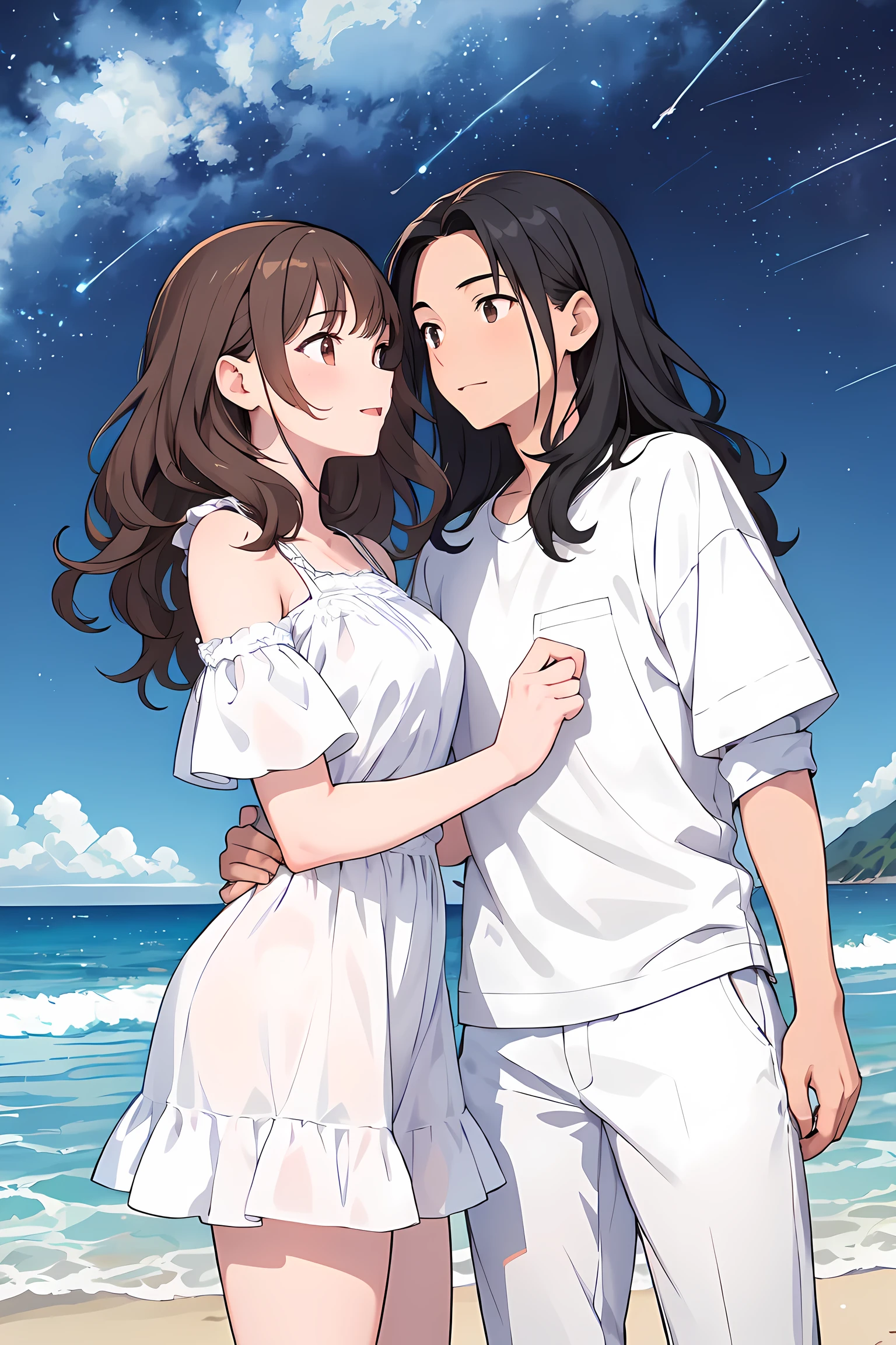 “Painting of two lovers their first anniversary. They are looking at the shooting stars at the beach. The girl has long wavy black hair and the boy has medium-short brown curly hair, black and white coloring page