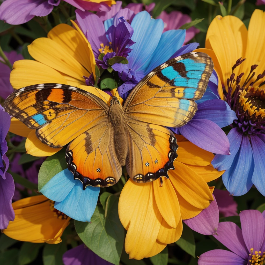 (Best quality, 4K, High res, Masterpiece: 1.3, Realistic), A beautiful butterfly hanging on flower, colorful, (Create a colorful athmosphere, Soft lighting: 1.2, Focus on single object)