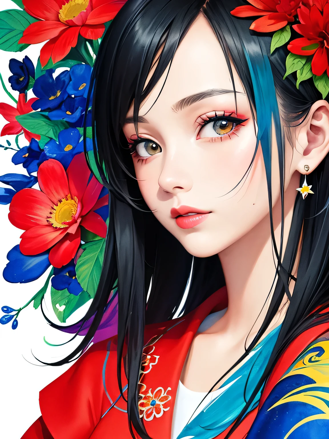 Black Star Red and White Style、(((stylish fashion))), 8K Quality、Intense watercolor, Detailed watercolor art, Watercolor splash, Surreal, avant-garde pop art, Beautiful and expressive paintings, Beautiful artwork illustration, Very colorful tones, wonderful, Cool beauty, highest quality、Official Art, Vector art, Stylish design, (((The most beautiful girl))), (((highest quality))), HDR, ((detailed)), (((Doodle Art)), ((masterpiece)), ((Super detailed)), (((Colorful flowers))),(((Stylish))),