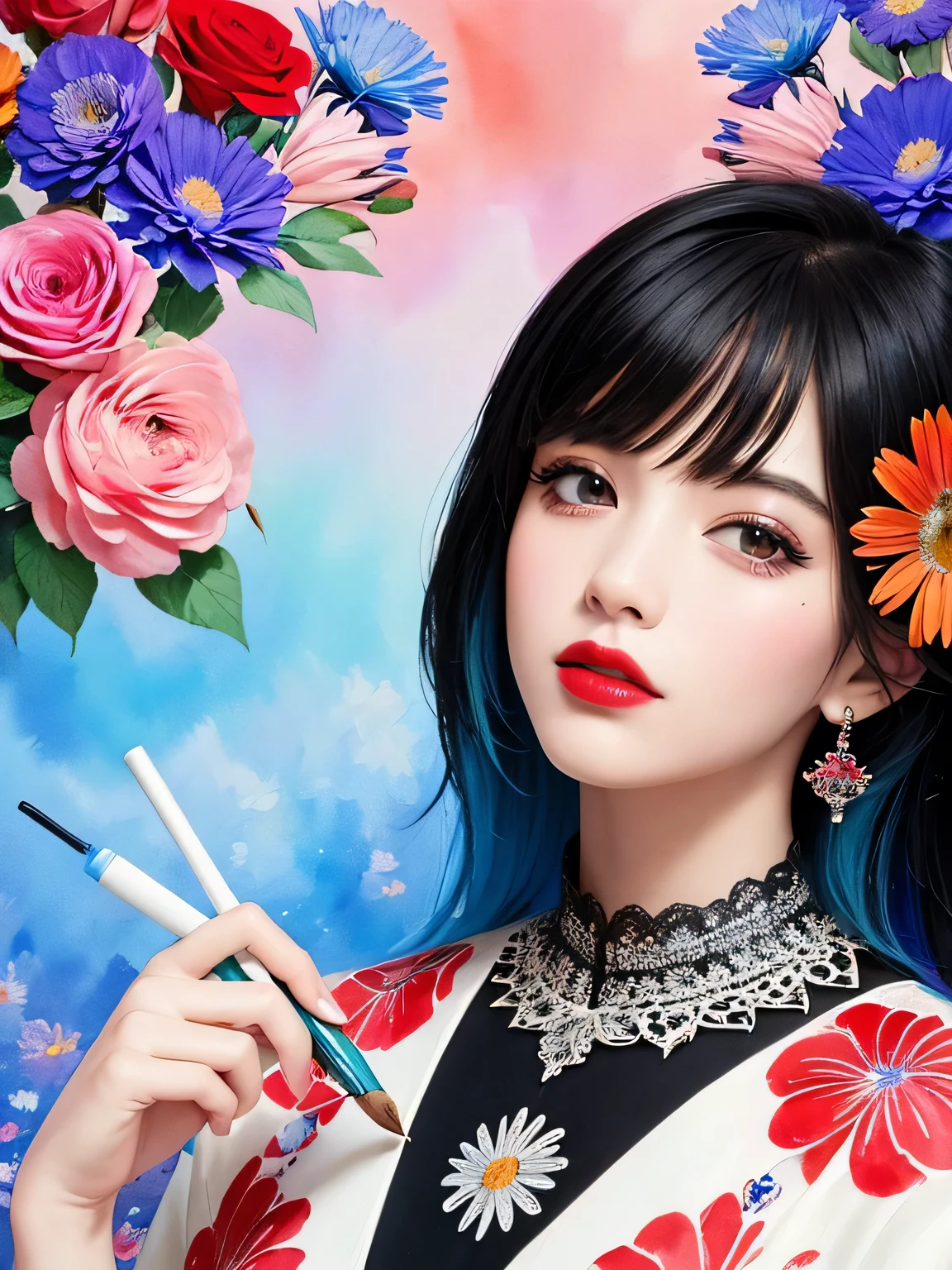 Black Star Red and White Style、(((stylish fashion))), 8K Quality、Intense watercolor, Detailed watercolor art, Watercolor splash, Surreal, avant-garde pop art, Beautiful and expressive paintings, Beautiful artwork illustration, Very colorful tones, wonderful, Cool beauty, highest quality、Official Art, Vector art, Stylish design, (((The most beautiful girl))), (((highest quality))), HDR, ((detailed)), (((Doodle Art)), ((masterpiece)), ((Super detailed)), (((Colorful flowers))),(((Stylish))),
