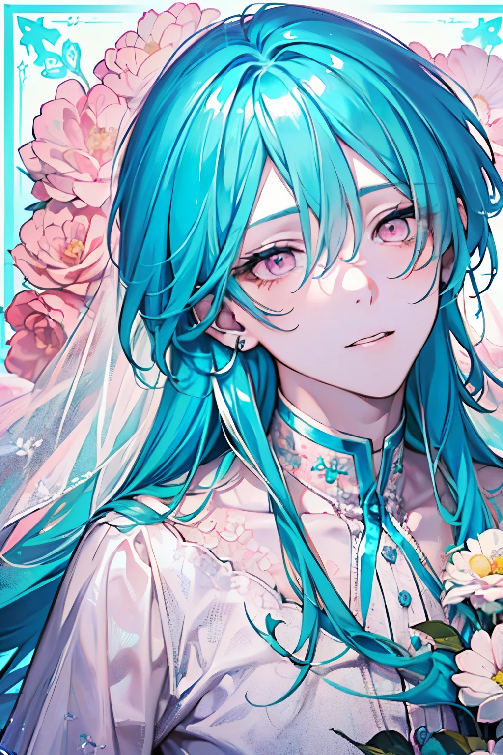 ((ars old man:1.2)),((male:1.5)),masterpiece, best quality,(aqua blue hair:1.45), (portrait),(shiny pink eyes:1.5), white wedding dress,(pop and cute flower pattern background), (perfect hand:1.2),(pink,yellow,purple,white),looking front,((Her bangs are so long that they cover one eye:1.1)),Troubled face,Shy laugh,(Looking up:1.2),((upper body)),((Top view:1.1))