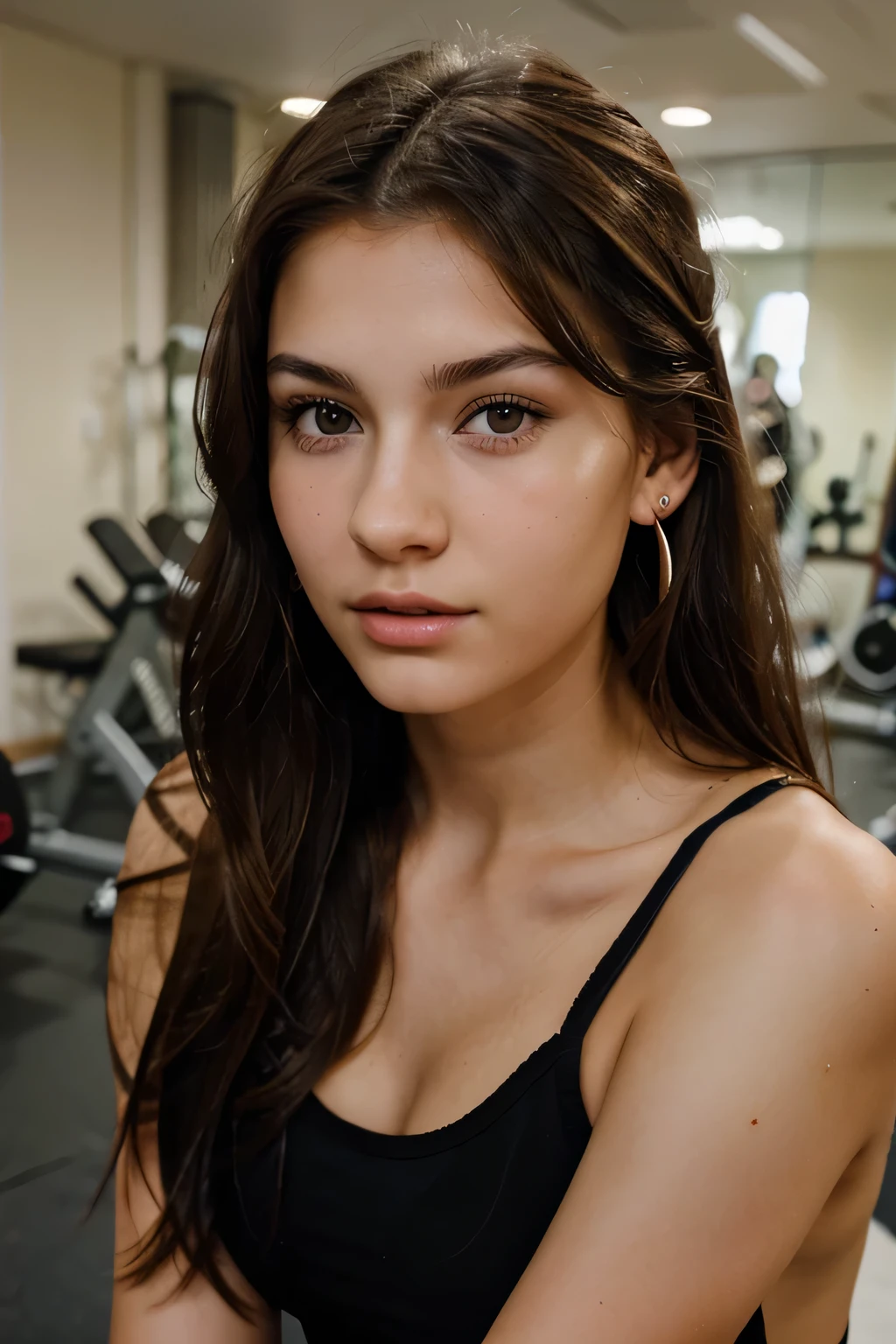 Photo of a 20 year old brunette woman, that has a very natural face, thin lips, thin eyes, thin eyebrows, thin nose, earrings, long eyelashes. in the gym