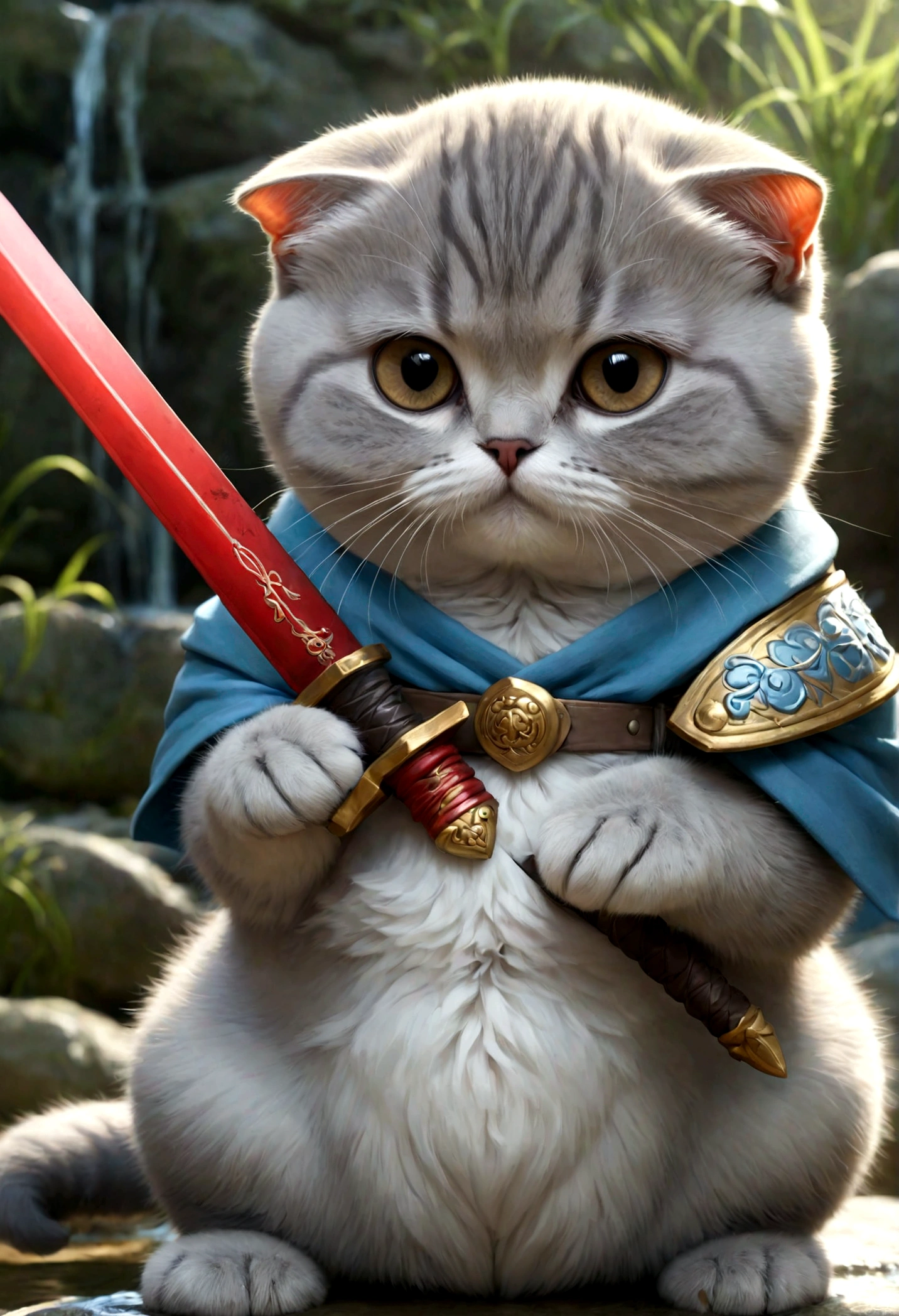 cute adorable round body of Scottish fold lightblue cat and sword, at hot spring, write word "UNC" on chest, adorable digital painting, realistic fantasy art, beautiful digital art